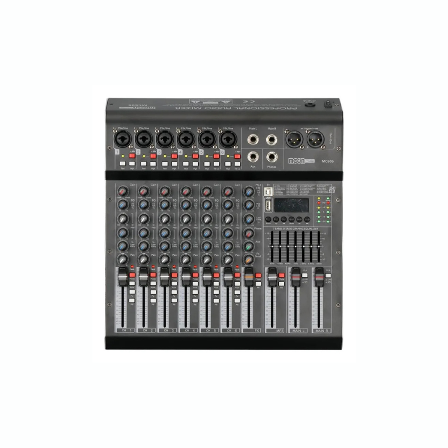 CUADRADO (15) Mixer Moon Mc606 6 Canales Usb Bluetooth Con Fuente Set Dj - Imagen 1